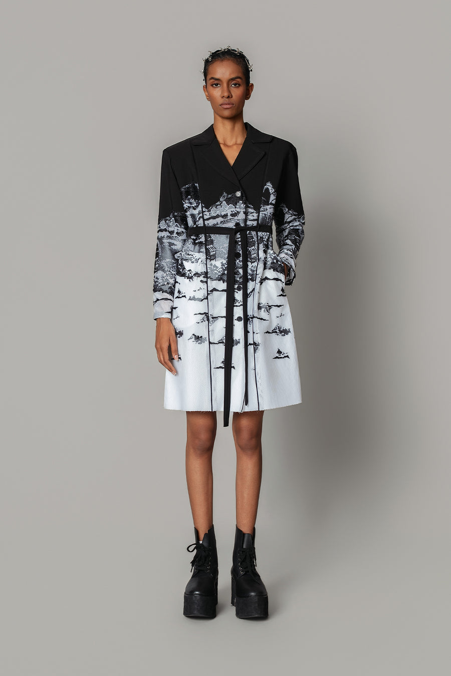 B&W Hokusai Embroidered Coat Dress