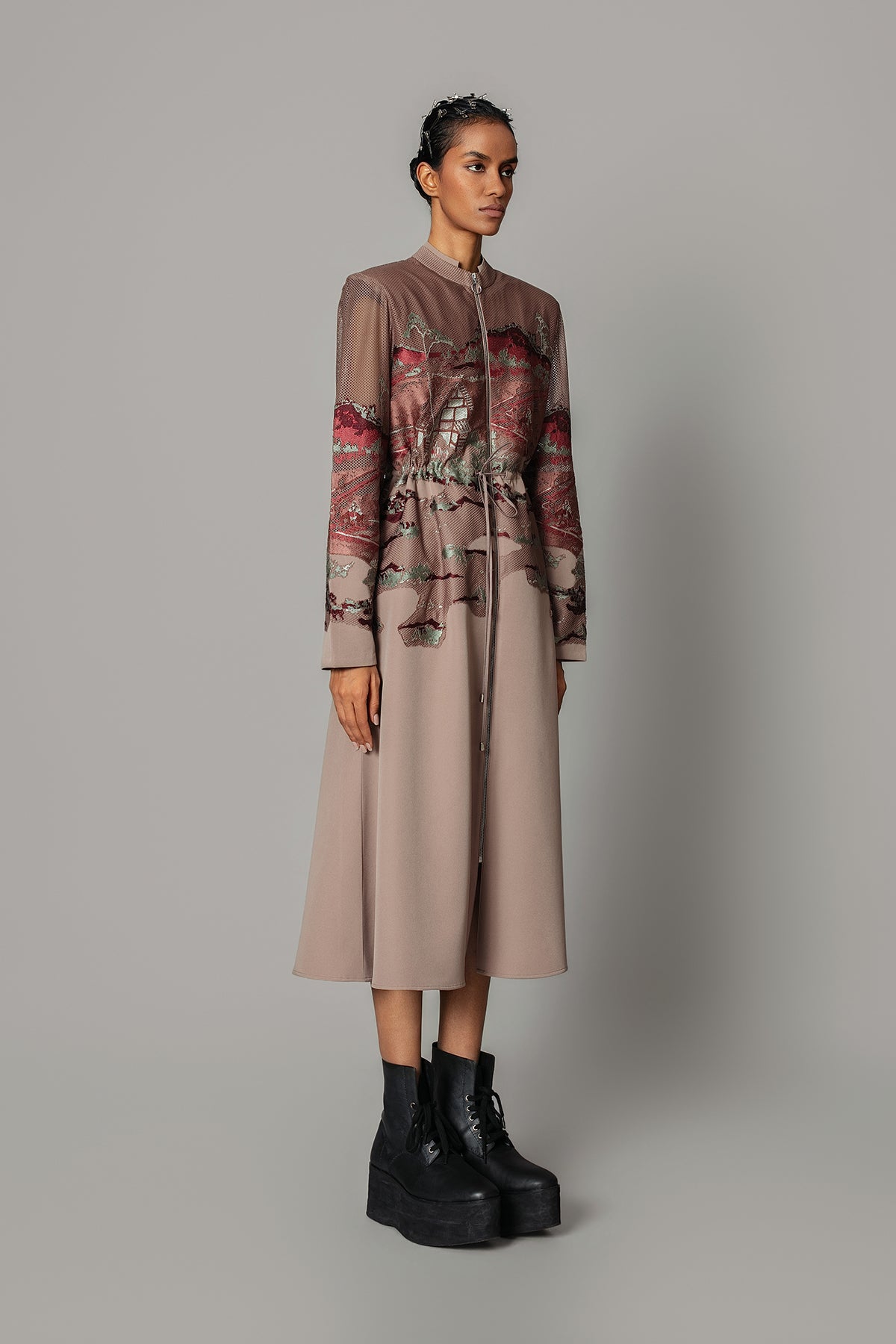 Brown Hokusai Embroidered Long Dress