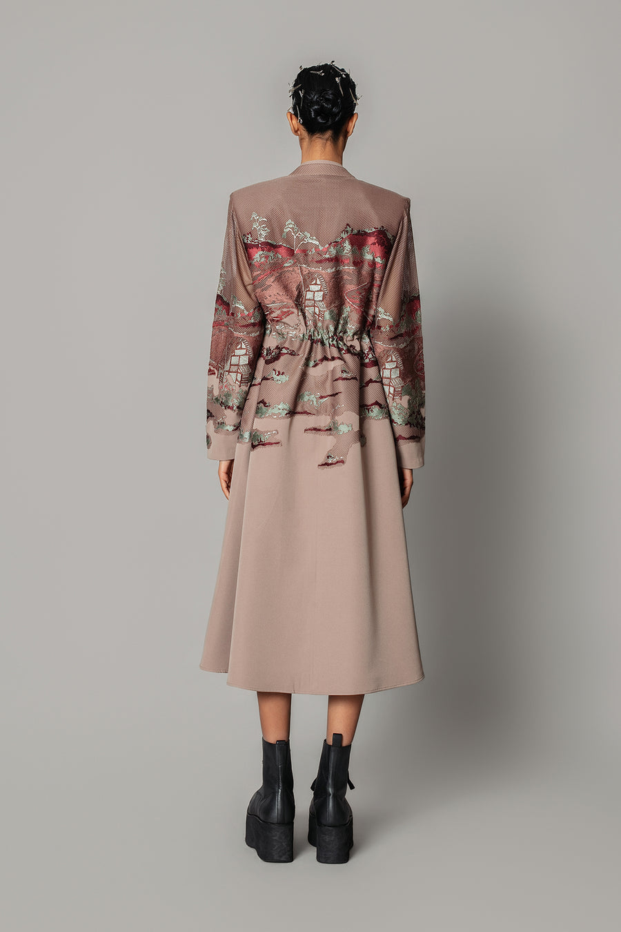 Brown Hokusai Embroidered Long Dress