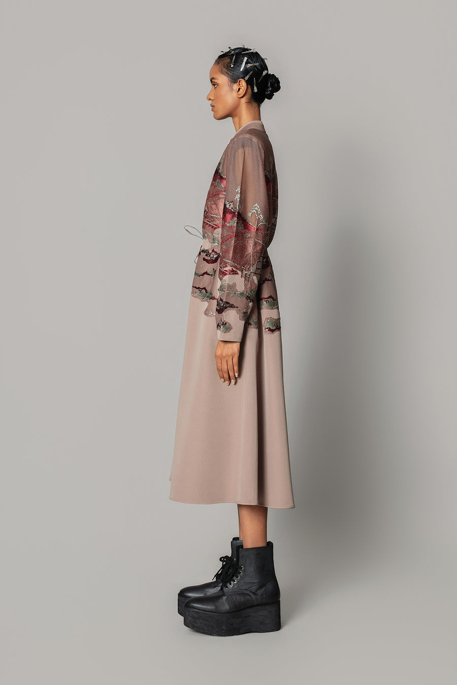 Brown Hokusai Embroidered Long Dress