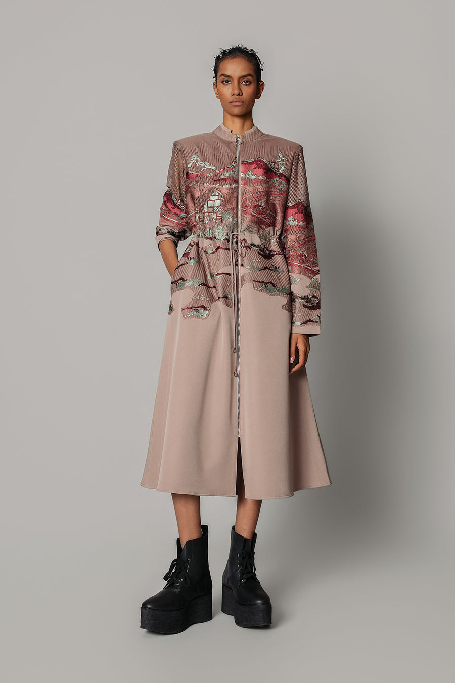 Brown Hokusai Embroidered Long Dress