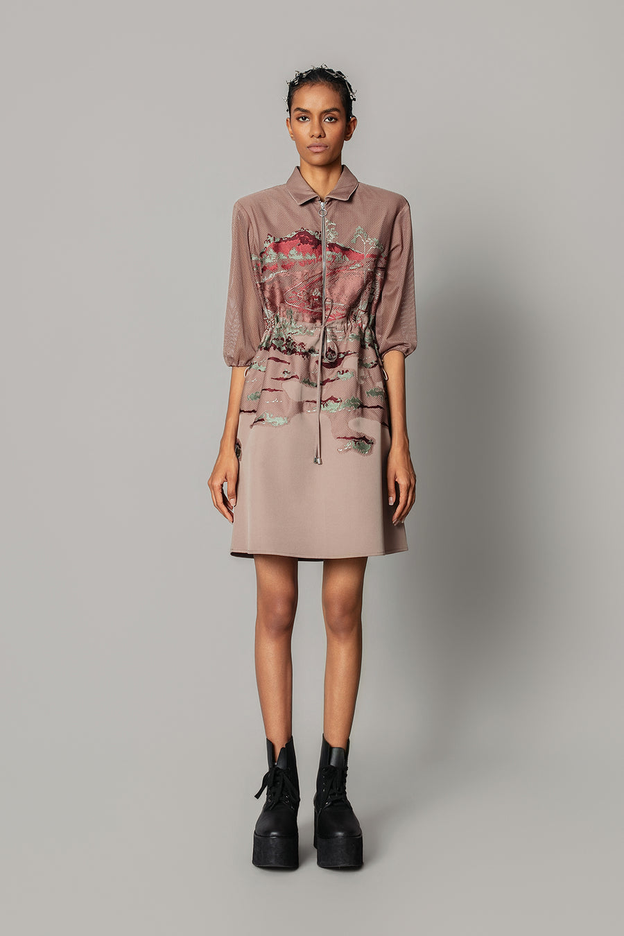 Brown Hokusai Embroidered Short Dress