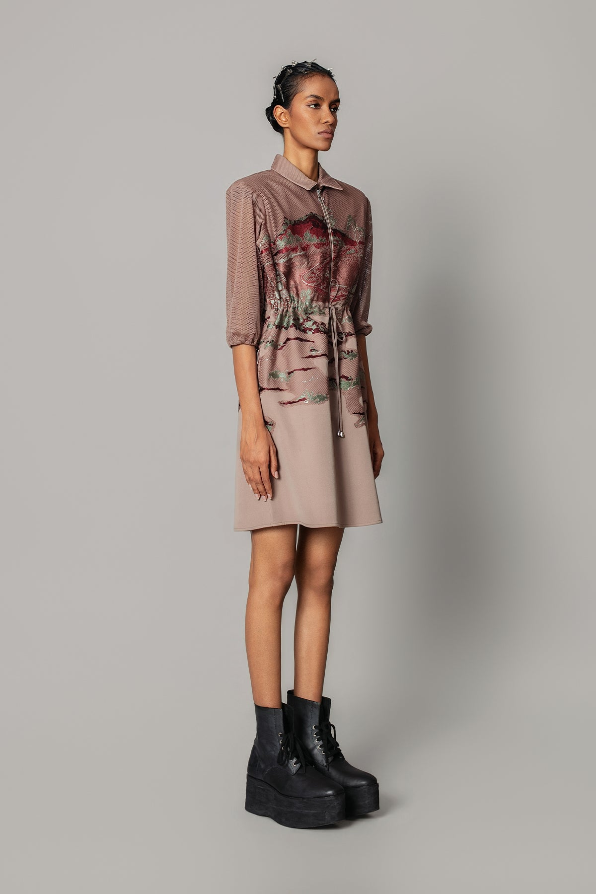 Brown Hokusai Embroidered Short Dress