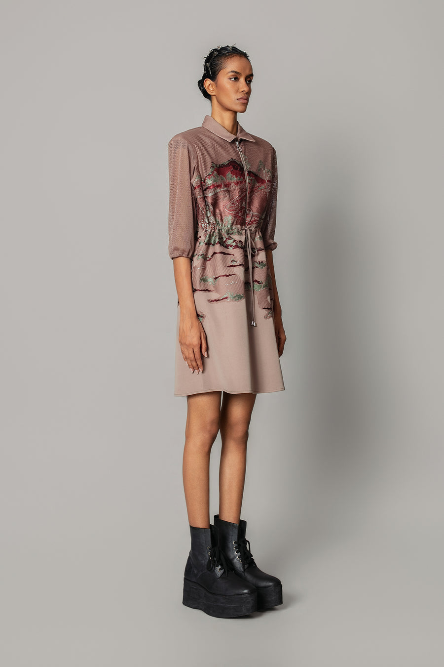 Brown Hokusai Embroidered Short Dress