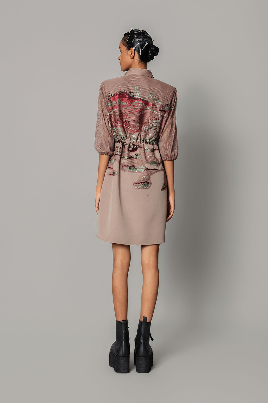 Brown Hokusai Embroidered Short Dress