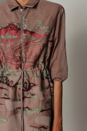 Brown Hokusai Embroidered Short Dress