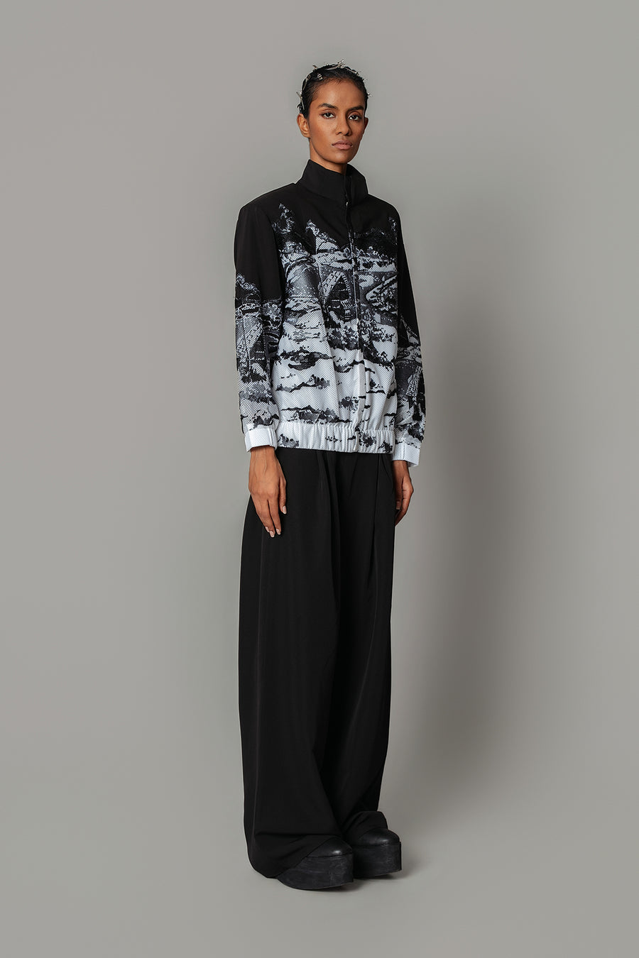B&W Hokusai Embroidered Bomber Jacket