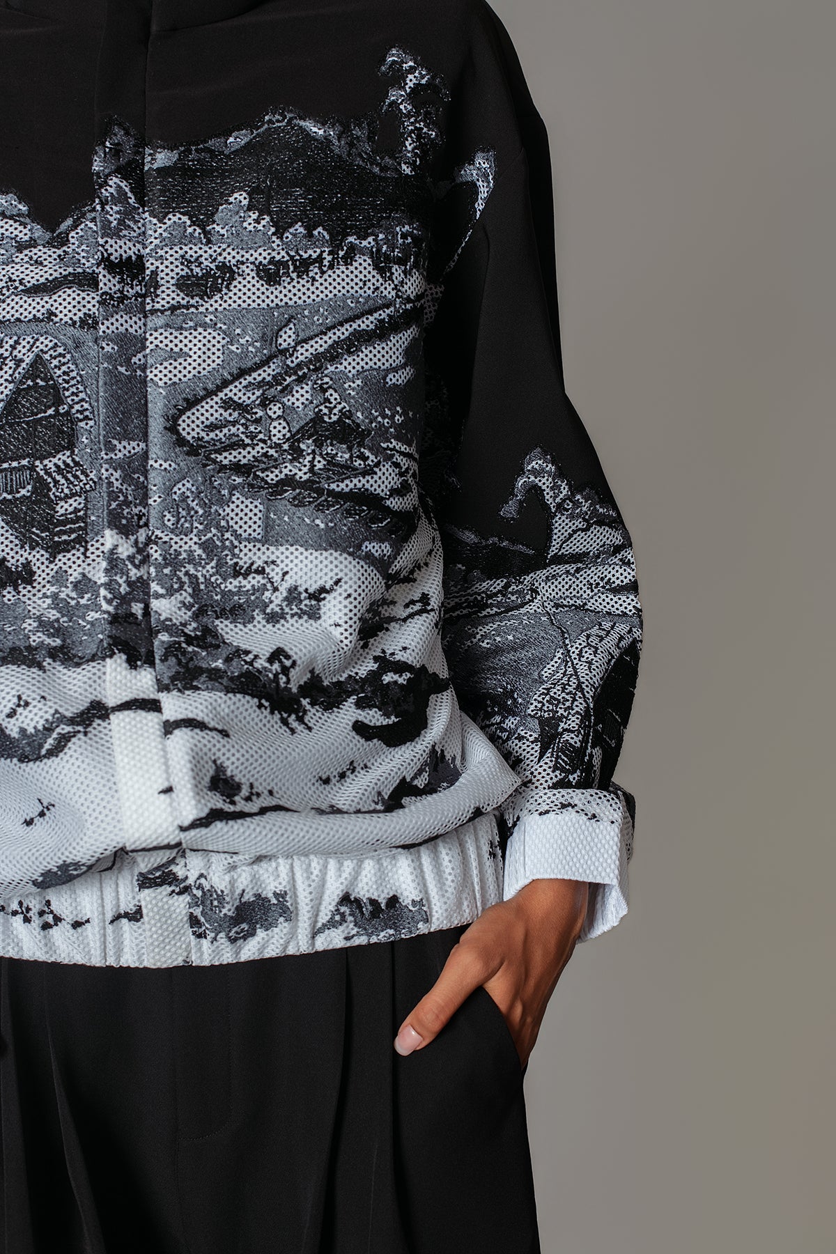 B&W Hokusai Embroidered Bomber Jacket