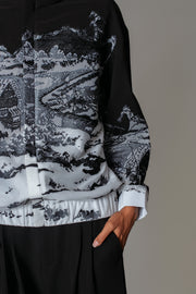 B&W Hokusai Embroidered Bomber Jacket