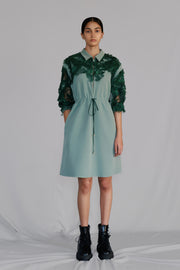 Green Map Embroidery Short Dress
