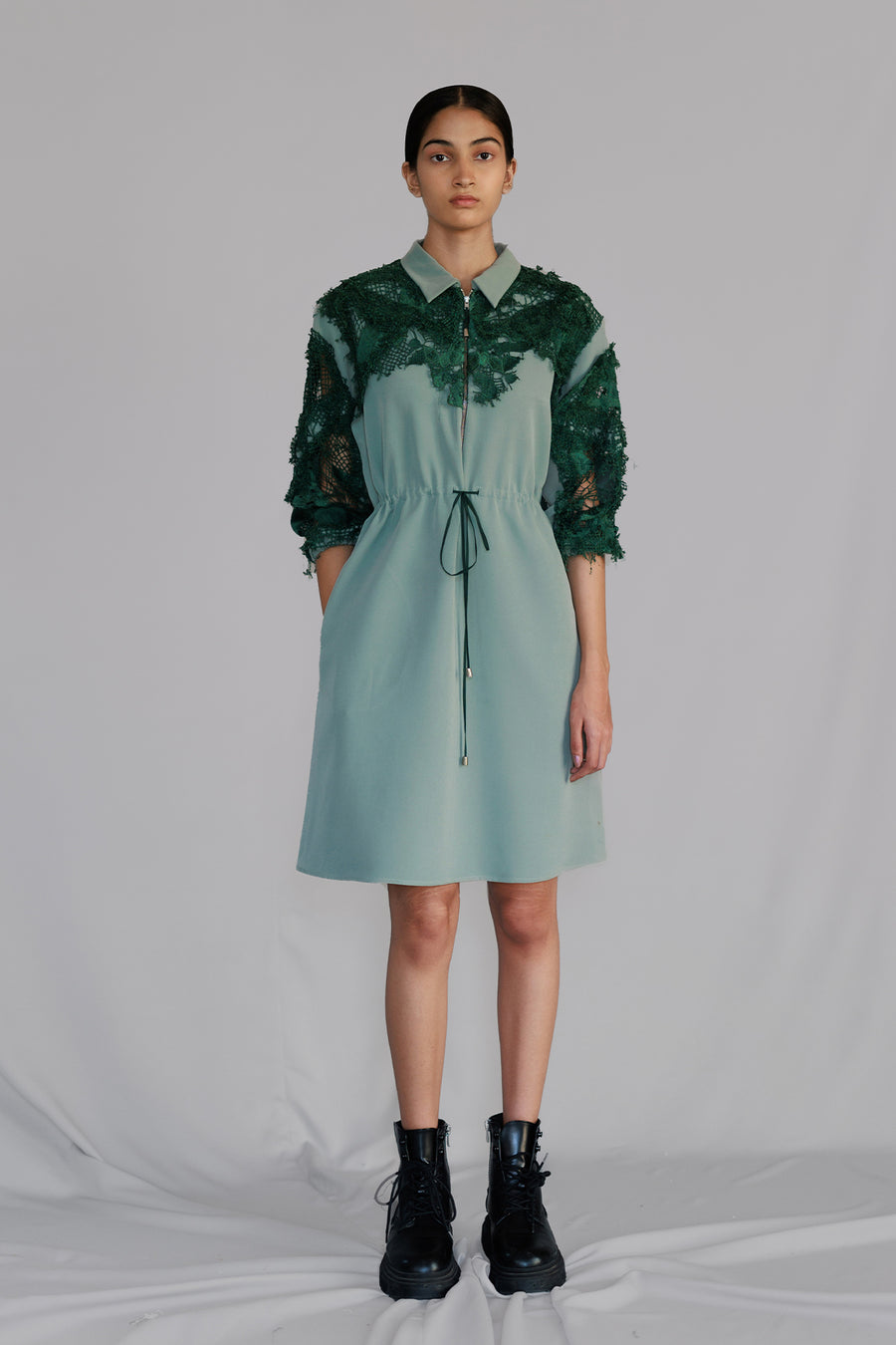 Green Map Embroidery Short Dress