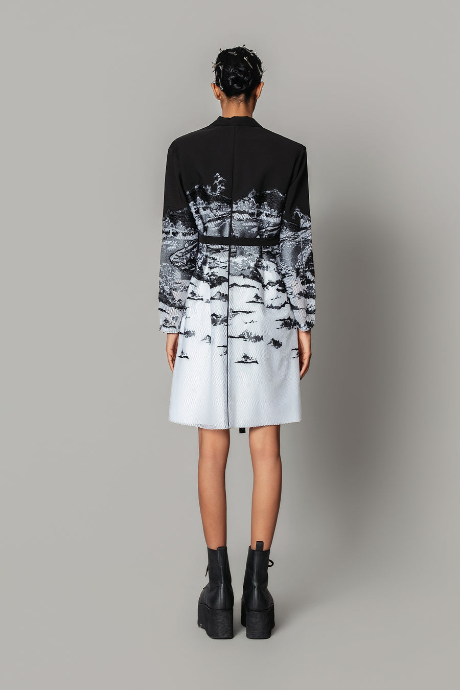 B&W Hokusai Embroidered Coat Dress