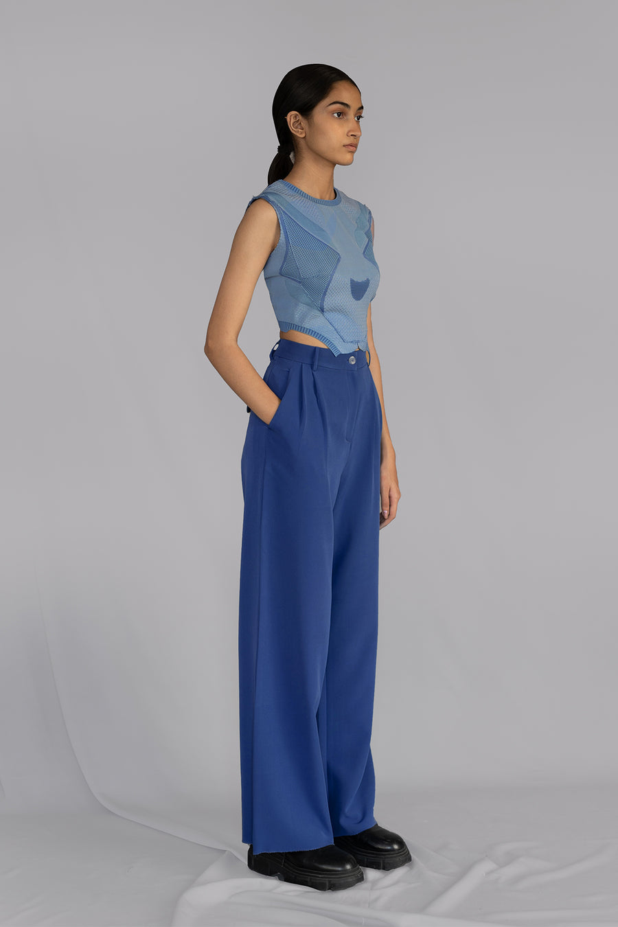 Blue Knitted Panel Top Set