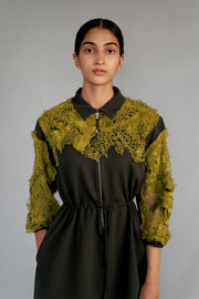 Yellow Map Embroidery Short Dress