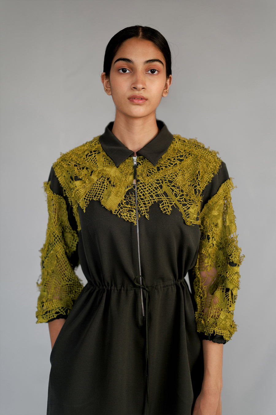 Yellow Map Embroidery Short Dress