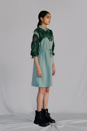 Green Map Embroidery Short Dress