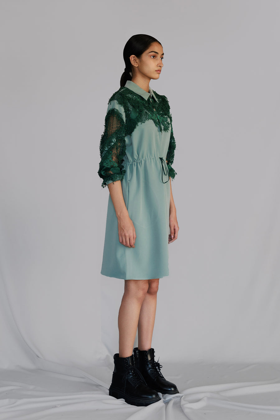 Green Map Embroidery Short Dress
