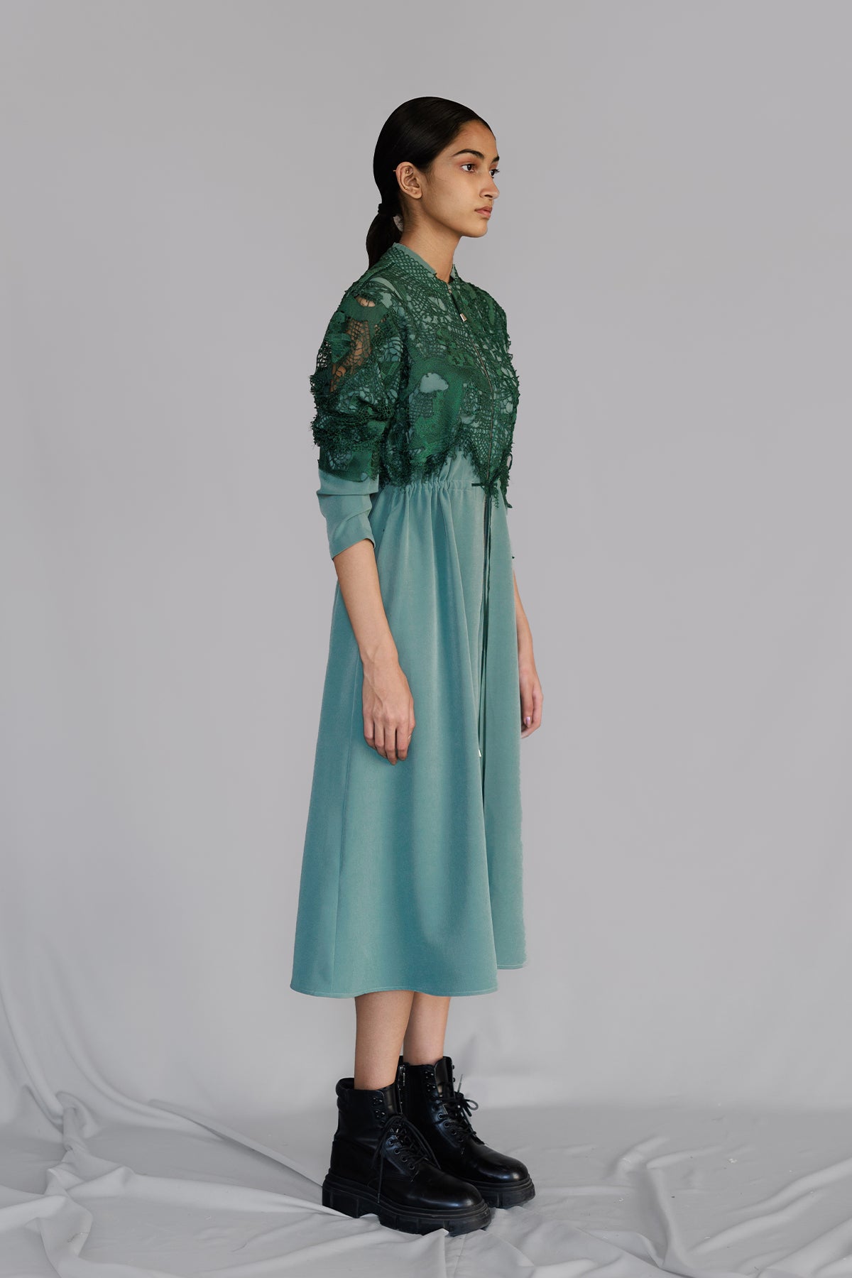Green Map Embroidery Long Dress