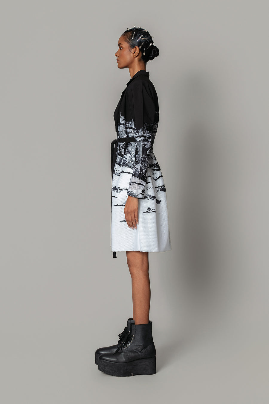 B&W Hokusai Embroidered Coat Dress