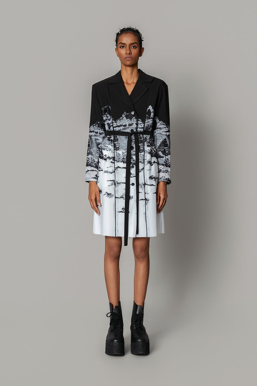 B&W Hokusai Embroidered Coat Dress