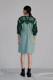 Green Map Embroidery Short Dress