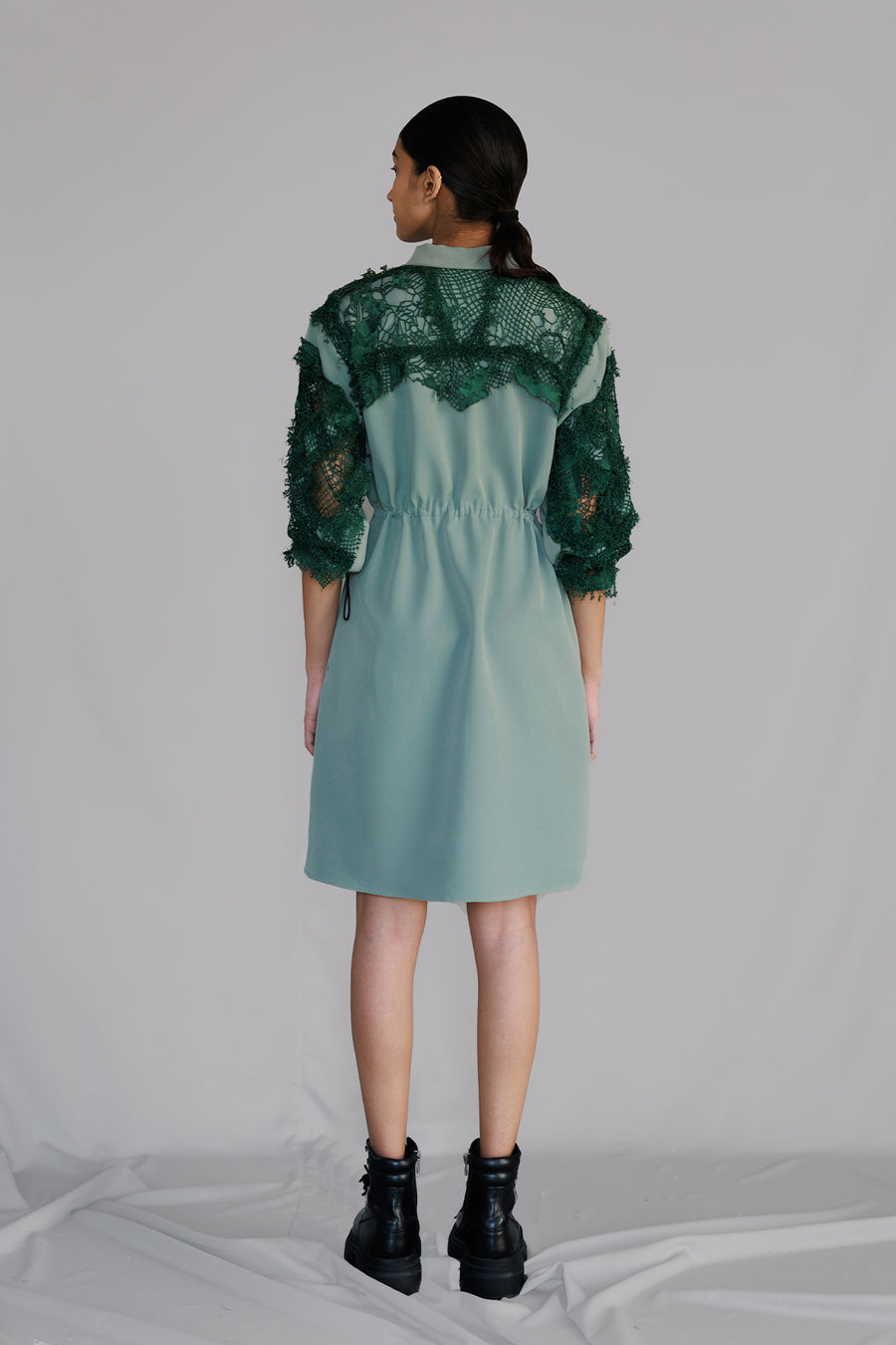 Green Map Embroidery Short Dress