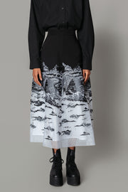 B&W Hokusai Embroidered Skirt