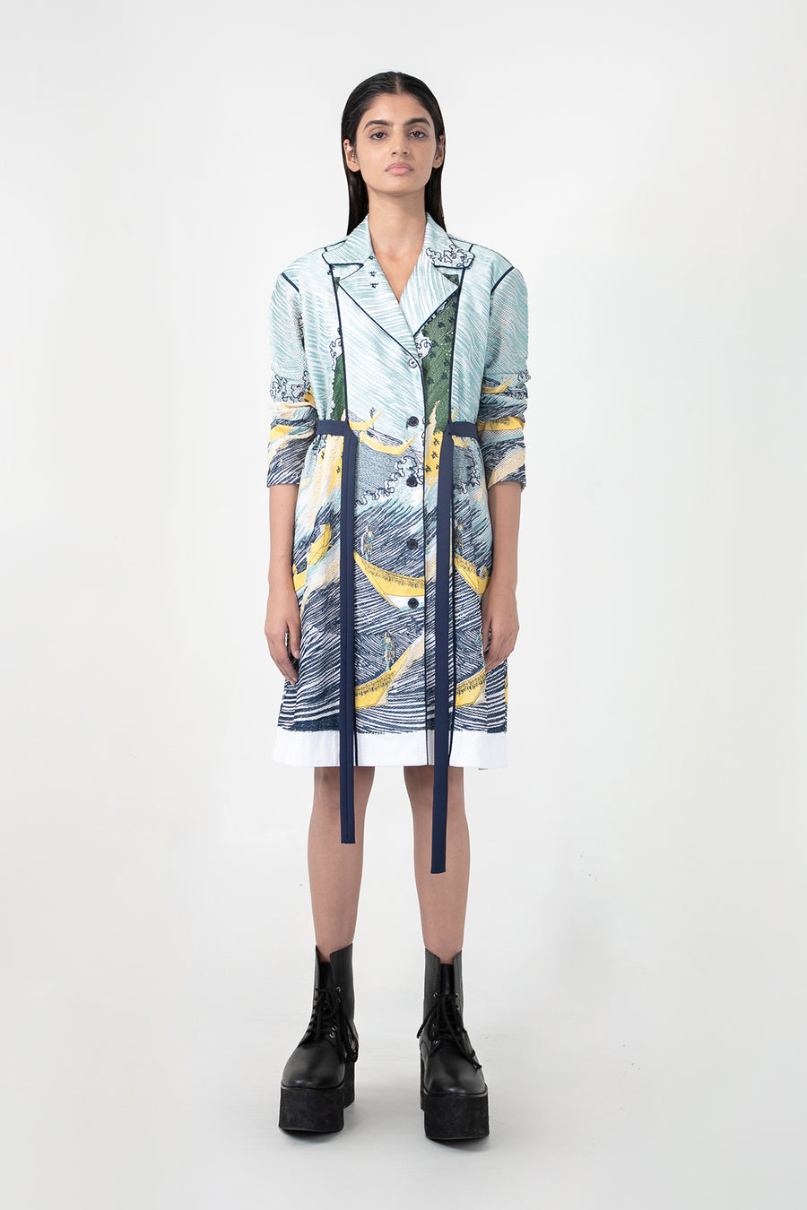 Edo Wave Embroidered Coat Dress