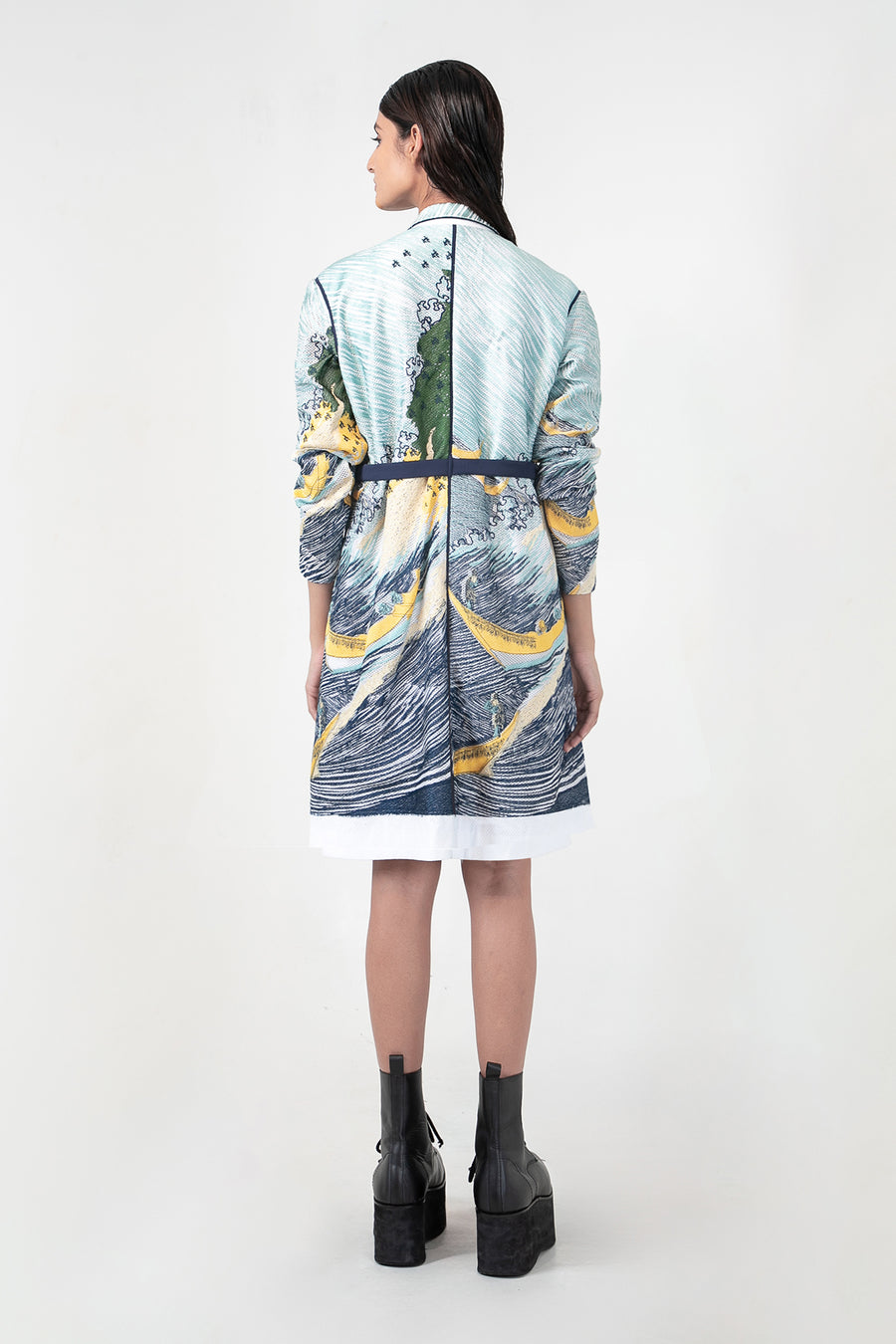 Edo Wave Embroidered Coat Dress