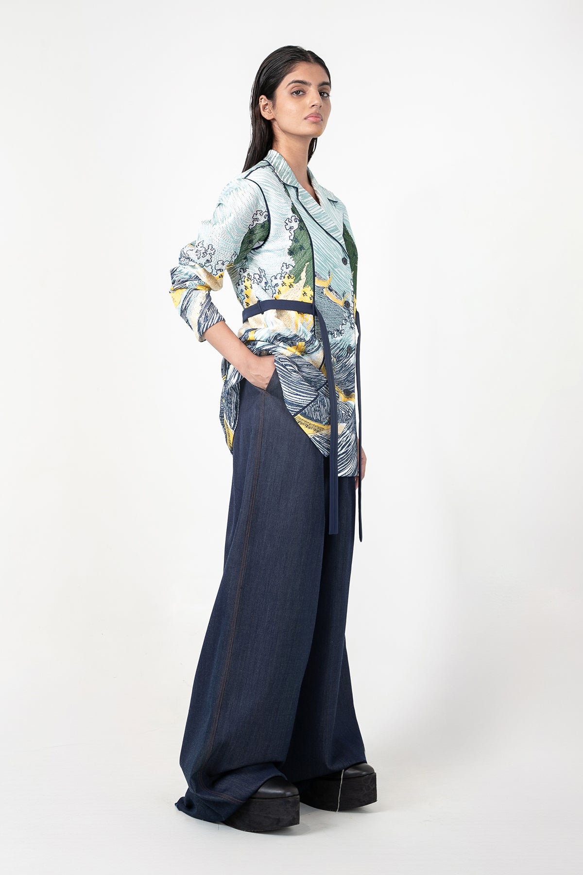 Edo Wave Embroidered Coat Set