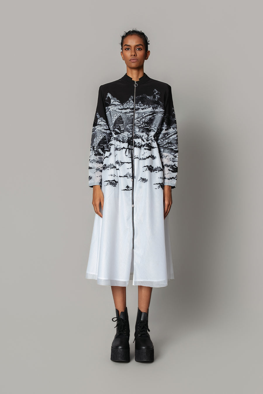B&W Hokusai Embroidered Long Dress