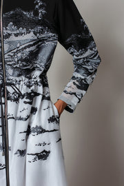 B&W Hokusai Embroidered Long Dress