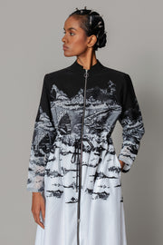 B&W Hokusai Embroidered Long Dress