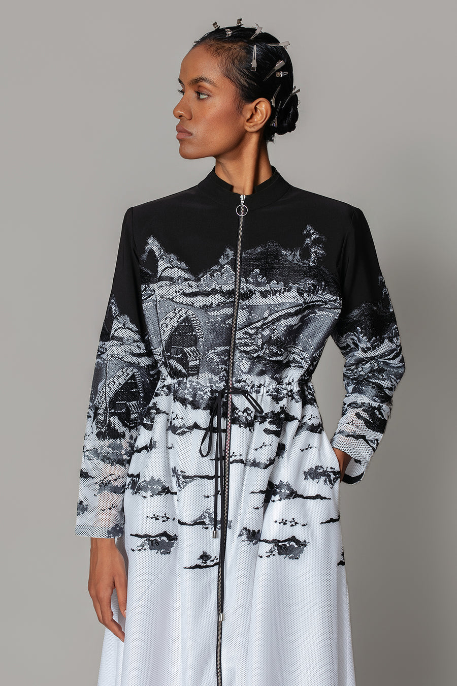 B&W Hokusai Embroidered Long Dress