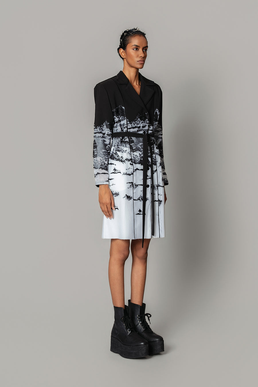 B&W Hokusai Embroidered Coat Dress